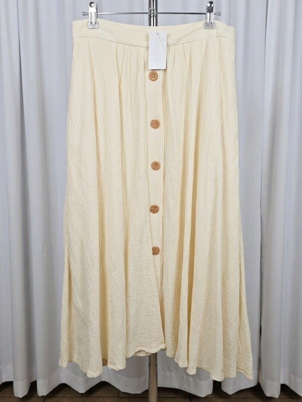 Button-Front Cream Midi Skirt